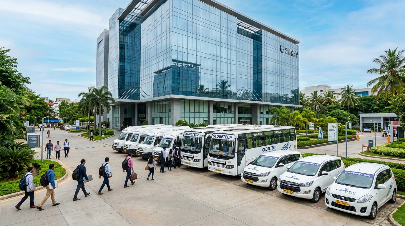 SJT corporate fleet outside modern IT office building in Bangalore